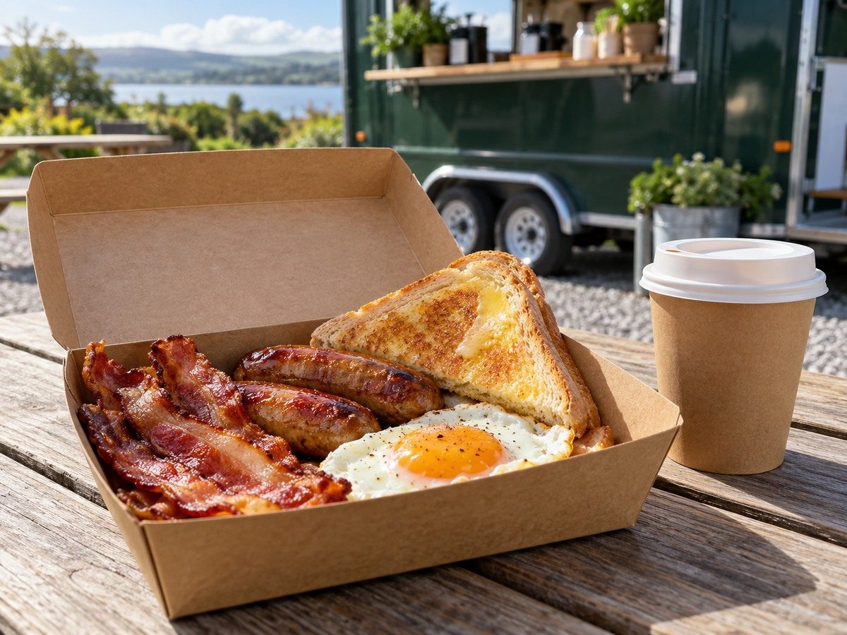 Breakfast box with bacon, sausages, egg and toast