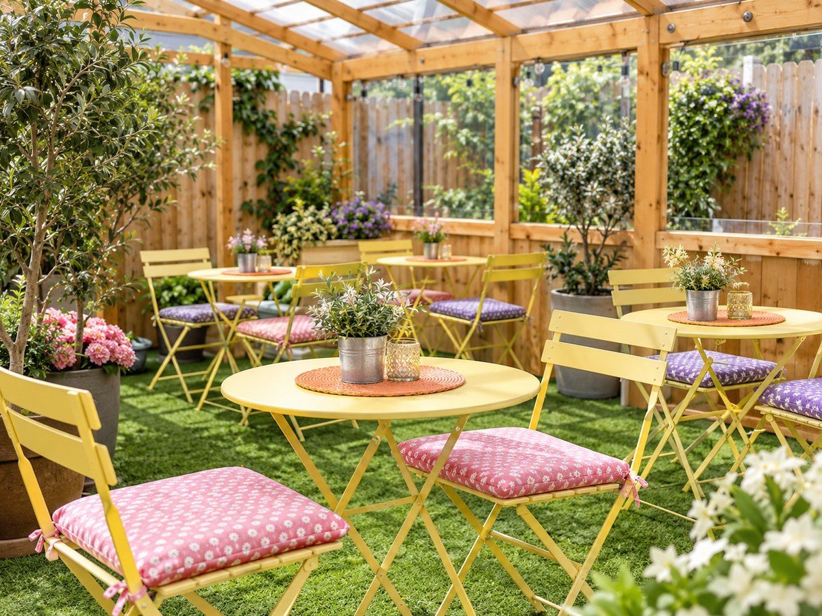 Sheltered seating area with yellow bistro chairs