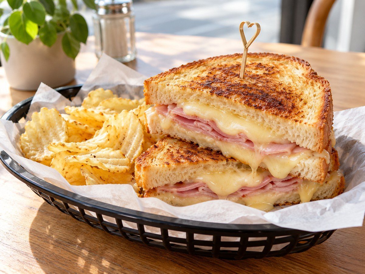 Ham and cheese toastie with crisps