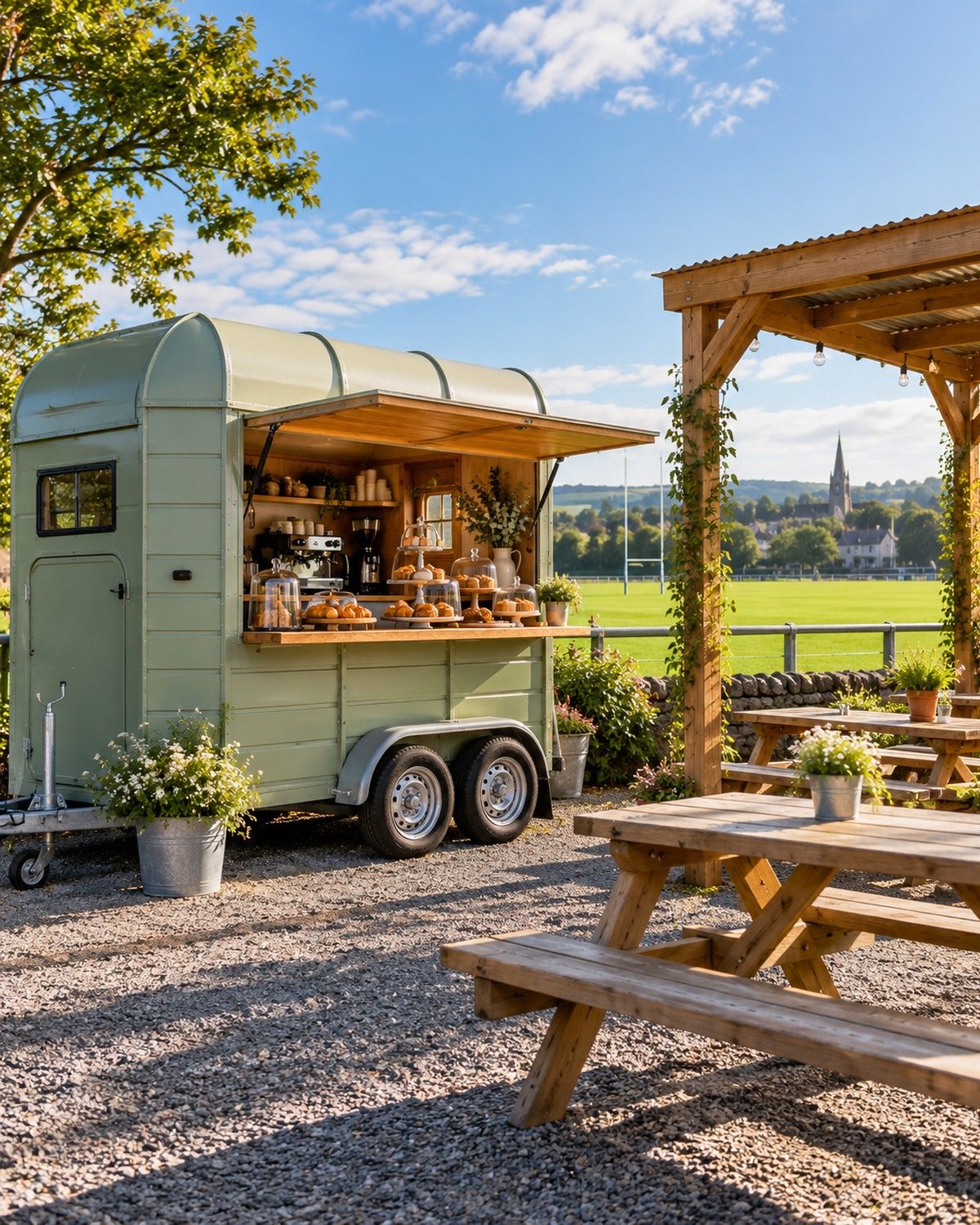 Coffee horse box with picnic benches beside a GAA pitch