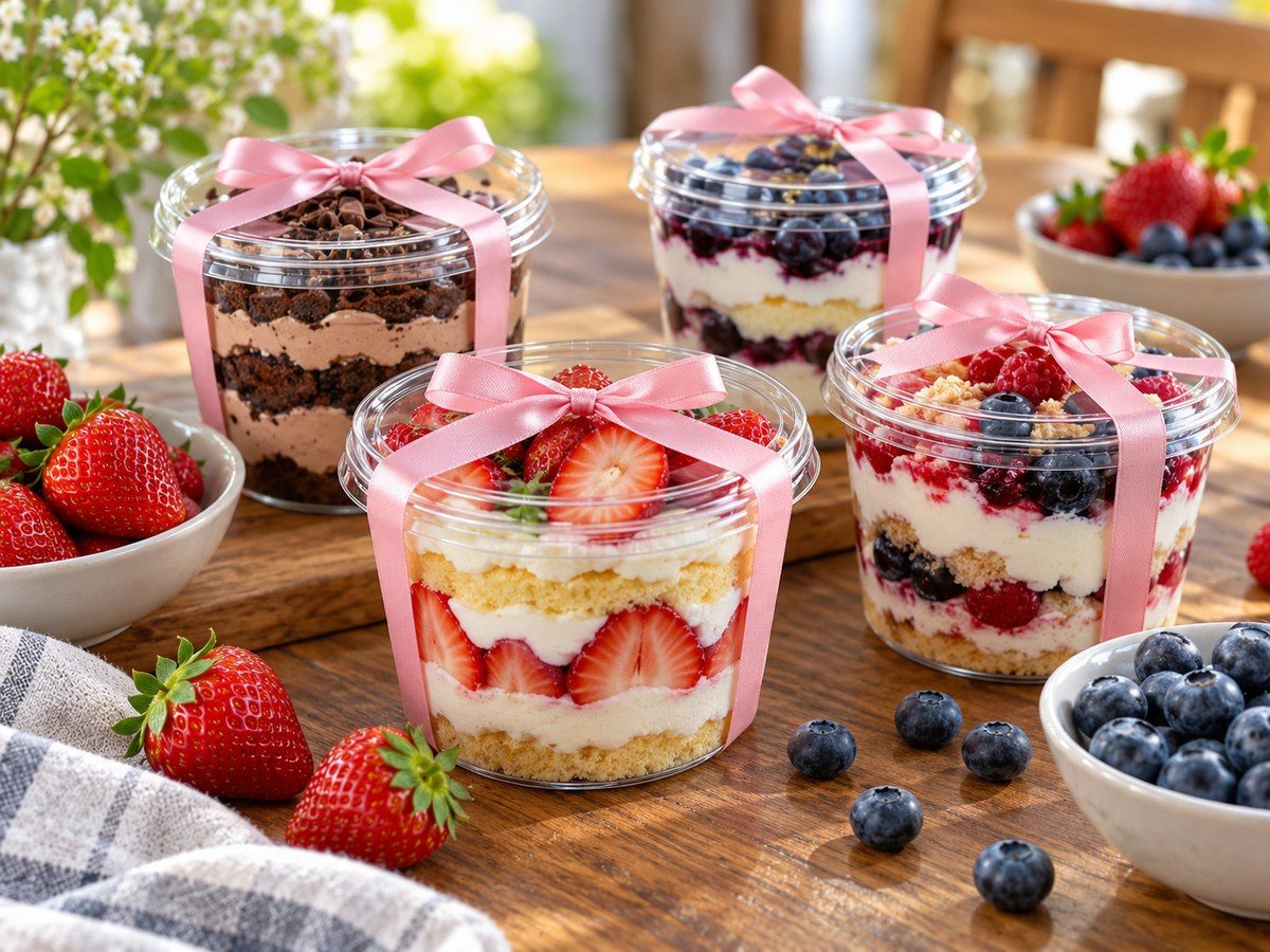 Homemade desserts in pots with pink bows